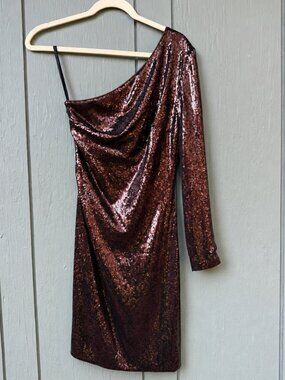 Twenty Cluny Chocolate Sequin One Shoulder Dress Silk Lined US 8 FR 40